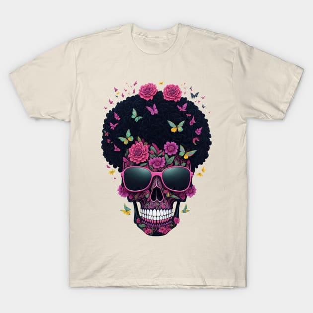 Funny Sugar Candy Skull With Sun Glasses and Afro T-Shirt by allovervintage